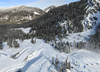 Aerial views of Planica Nordic Center and cross country skiing tracks where FIS Nordic skiing World Championships 2023 will be held in less then month time. Venue is getting ready and workers are preparing last details for World Championships to go through without problems on cold winter morning of 27th of January 2023.
