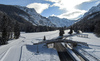 Aerial views of Planica Nordic Center and cross country skiing tracks where FIS Nordic skiing World Championships 2023 will be held in less then month time. Venue is getting ready and workers are preparing last details for World Championships to go through without problems on cold winter morning of 27th of January 2023.