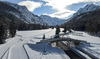 Aerial views of Planica Nordic Center and cross country skiing tracks where FIS Nordic skiing World Championships 2023 will be held in less then month time. Venue is getting ready and workers are preparing last details for World Championships to go through without problems on cold winter morning of 27th of January 2023.