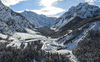 Aerial views of Planica Nordic Center and cross country skiing tracks where FIS Nordic skiing World Championships 2023 will be held in less then month time. Venue is getting ready and workers are preparing last details for World Championships to go through without problems on cold winter morning of 27th of January 2023.