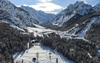 Aerial views of Planica Nordic Center and cross country skiing tracks where FIS Nordic skiing World Championships 2023 will be held in less then month time. Venue is getting ready and workers are preparing last details for World Championships to go through without problems on cold winter morning of 27th of January 2023.