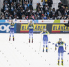 Winner Jonna Sundling of Sweden (L) and second place Emma Ribom of Sweden (2nd from L) celebrating while Maja Dahlqvist of Sweden (3rd from L) is on way to finish line in women finals of the Cross country skiing sprint race of FIS Nordic skiing World Championships 2023 in Planica, Slovenia. Cross country skiing sprint race of FIS Nordic skiing World Championships 2023 were held in Planica Nordic Center in Planica, Slovenia, on Thursday, 23rd of February 2023.