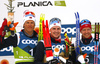 Winner Simen Hegstad Krueger of Norway (M), second placed Johannes Hoesflot Klaebo of Norway (L) and third placed Sjur Roethe of Norway (R) celebrate their success on flower ceremony after the men cross country skiing skiathlon (15km classic-15km free) race of FIS Nordic skiing World Championships 2023 in Planica, Slovenia. Cross country skiing skiathlon race of FIS Nordic skiing World Championships 2023 were held in Planica Nordic Center in Planica, Slovenia, on Friday, 24th of February 2023.