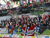 Fans during women cross country skiing skiathlon (7.5km classic-7.5km free) race of FIS Nordic skiing World Championships 2023 in Planica, Slovenia. Cross country skiing skiathlon race of FIS Nordic skiing World Championships 2023 were held in Planica Nordic Center in Planica, Slovenia, on Saturday, 25th of February 2023.