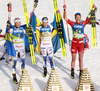 Second placed Frida Karlsson of Sweden (L), first placed Ebba Andersson of Sweden and third placed Astrid Oeyre Slind of Norway celebrating  in finish of the women cross country skiing skiathlon (7.5km classic-7.5km free) race of FIS Nordic skiing World Championships 2023 in Planica, Slovenia. Cross country skiing skiathlon race of FIS Nordic skiing World Championships 2023 were held in Planica Nordic Center in Planica, Slovenia, on Saturday, 25th of February 2023.