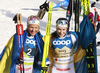 Frida Karlsson of Sweden and Ebba Andersson of Sweden celebrating in finish of the women cross country skiing skiathlon (7.5km classic-7.5km free) race of FIS Nordic skiing World Championships 2023 in Planica, Slovenia. Cross country skiing skiathlon race of FIS Nordic skiing World Championships 2023 were held in Planica Nordic Center in Planica, Slovenia, on Saturday, 25th of February 2023.