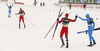 Paal Golberg of Norway (M) and Francesco De Fabiani of Italy (R) celebrate while Johannes Hoesflot Klaebo of Norway (2nd from L) crossing finish line infront of Federico Pellegrino of Italy IL)  skiing during men team sprint finals of  cross country skiing team sprint race of FIS Nordic skiing World Championships 2023 in Planica, Slovenia. Cross country skiing team sprint race of FIS Nordic skiing World Championships 2023 was held in Planica Nordic Center in Planica, Slovenia, on Sunday, 26th of February 2023.