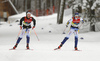 Emma Ribom of Sweden and Jonna Sundling of Sweden skiing before the start of the women team sprint finals of  cross country skiing team sprint race of FIS Nordic skiing World Championships 2023 in Planica, Slovenia. Cross country skiing team sprint race of FIS Nordic skiing World Championships 2023 was held in Planica Nordic Center in Planica, Slovenia, on Sunday, 26th of February 2023.