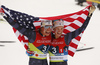Third placed team USA Jessie Diggins of USA and Julia Kern of USA celebrating in finish of the women team sprint finals of  cross country skiing team sprint race of FIS Nordic skiing World Championships 2023 in Planica, Slovenia. Cross country skiing team sprint race of FIS Nordic skiing World Championships 2023 was held in Planica Nordic Center in Planica, Slovenia, on Sunday, 26th of February 2023.