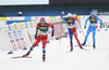 Paal Golberg of Norway, Renaud Jay of France and Francesco De Fabiani of Italy skiing during men team sprint finals of  cross country skiing team sprint race of FIS Nordic skiing World Championships 2023 in Planica, Slovenia. Cross country skiing team sprint race of FIS Nordic skiing World Championships 2023 was held in Planica Nordic Center in Planica, Slovenia, on Sunday, 26th of February 2023.