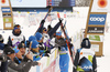 Italian team with Federico Pellegrinoi  celebrating in finish of the men team sprint finals of  cross country skiing team sprint race of FIS Nordic skiing World Championships 2023 in Planica, Slovenia. Cross country skiing team sprint race of FIS Nordic skiing World Championships 2023 was held in Planica Nordic Center in Planica, Slovenia, on Sunday, 26th of February 2023.