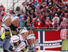 Winning relay of Norway with Tiril Udnes Weng, Astrid Oeyre Slind, Ingvild Flugstad Oestberg and Anne Kjersti Kalvaa celebrate their victory and World Champion title infront of their fans after women women cross country skiing relay ace of FIS Nordic skiing World Championships 2023 in Planica, Slovenia. Women cross country skiing relay race of FIS Nordic skiing World Championships 2023 was held in Planica Nordic Center in Planica, Slovenia, on Thursday, 2nd of March 2023.