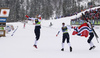 Winning team of Norway celebrating  and waiting their last leg Anne Kjersti Kalvaa of Norway coming to finish line in the women cross country skiing relay race of FIS Nordic skiing World Championships 2023 in Planica, Slovenia. Women cross country skiing relay race of FIS Nordic skiing World Championships 2023 was held in Planica Nordic Center in Planica, Slovenia, on Thursday, 2nd of March 2023.