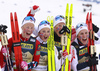 Winning team of Norway Tiril Udnes Eng of Norway, Astrid Oeyre Slind of Norway, Ingvild Flugstad Oestberg of Norway and Anne Kjersti Kalvaa of Norway celebrating after the women cross country skiing relay race of FIS Nordic skiing World Championships 2023 in Planica, Slovenia. Women cross country skiing relay race of FIS Nordic skiing World Championships 2023 was held in Planica Nordic Center in Planica, Slovenia, on Thursday, 2nd of March 2023.