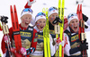 Winning team of Norway Tiril Udnes Eng of Norway, Astrid Oeyre Slind of Norway, Ingvild Flugstad Oestberg of Norway and Anne Kjersti Kalvaa of Norway celebrating after the women cross country skiing relay race of FIS Nordic skiing World Championships 2023 in Planica, Slovenia. Women cross country skiing relay race of FIS Nordic skiing World Championships 2023 was held in Planica Nordic Center in Planica, Slovenia, on Thursday, 2nd of March 2023.