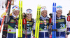 Third placed team Sweden Emma Ribom of Sweden, Ebba Andersson of Sweden, Frida Karlsson of Sweden and Maja Dahlqvist of Sweden celebrating after the women cross country skiing relay race of FIS Nordic skiing World Championships 2023 in Planica, Slovenia. Women cross country skiing relay race of FIS Nordic skiing World Championships 2023 was held in Planica Nordic Center in Planica, Slovenia, on Thursday, 2nd of March 2023.
