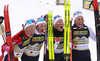 Winning team of Norway Tiril Udnes Eng of Norway, Astrid Oeyre Slind of Norway, Ingvild Flugstad Oestberg of Norway and Anne Kjersti Kalvaa of Norway celebrating after the women cross country skiing relay race of FIS Nordic skiing World Championships 2023 in Planica, Slovenia. Women cross country skiing relay race of FIS Nordic skiing World Championships 2023 was held in Planica Nordic Center in Planica, Slovenia, on Thursday, 2nd of March 2023.