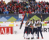 Winning team of Norway Tiril Udnes Eng of Norway, Astrid Oeyre Slind of Norway, Ingvild Flugstad Oestberg of Norway and Anne Kjersti Kalvaa of Norway celebrating after the women cross country skiing relay race of FIS Nordic skiing World Championships 2023 in Planica, Slovenia. Women cross country skiing relay race of FIS Nordic skiing World Championships 2023 was held in Planica Nordic Center in Planica, Slovenia, on Thursday, 2nd of March 2023.