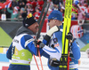 Perttu Hyvarinen of Finland and Niko Anttola of Finland celebrating the second place in finish of the men cross country skiing relay ace of FIS Nordic skiing World Championships 2023 in Planica, Slovenia. Men cross country skiing relay race of FIS Nordic skiing World Championships 2023 was held in Planica Nordic Center in Planica, Slovenia, on Friday, 3rd of March 2023.