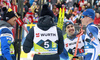 Niko Anttola of Finland (R) with his teammates Ristomatti Hakola (2nd from R), Iivo Niskanen (2nd from L) and Perttu Hyvarinen (L) after the men cross country skiing relay ace of FIS Nordic skiing World Championships 2023 in Planica, Slovenia. Men cross country skiing relay race of FIS Nordic skiing World Championships 2023 was held in Planica Nordic Center in Planica, Slovenia, on Friday, 3rd of March 2023.