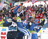 Team Finland Ristomatti Hakola of Finland, Iivo Niskanen of Finland, Perttu Hyvarinen of Finland and Niko Anttola of Finland celebrating the second place in finish of the men cross country skiing relay ace of FIS Nordic skiing World Championships 2023 in Planica, Slovenia. Men cross country skiing relay race of FIS Nordic skiing World Championships 2023 was held in Planica Nordic Center in Planica, Slovenia, on Friday, 3rd of March 2023.