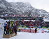 Winning team of Norway with Hans Christer Holund, Paal Golberg, Simen Hegstad Krueger and Johannes Hoesflot Klaebo , second placed team of Finland with Ristomatti Hakola, Iivo Niskanen, Perttu Hyvarinen and Niko Anttola and third placed team of Germany with Albert Kuchler, Janosch Brugger, Jonas Dobler and Friedrich Moch celebrate during flower ceremony after men cross country skiing relay ace of FIS Nordic skiing World Championships 2023 in Planica, Slovenia. Men cross country skiing relay race of FIS Nordic skiing World Championships 2023 was held in Planica Nordic Center in Planica, Slovenia, on Friday, 3rd of March 2023.