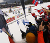 Ristomatti Hakola, Iivo Niskanen, Perttu Hyvarinen and fans cheering for Niko Anttola in last meters of the men cross country skiing relay ace of FIS Nordic skiing World Championships 2023 in Planica, Slovenia. Men cross country skiing relay race of FIS Nordic skiing World Championships 2023 was held in Planica Nordic Center in Planica, Slovenia, on Friday, 3rd of March 2023.