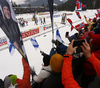 Ristomatti Hakola, Iivo Niskanen, Perttu Hyvarinen and fans cheering for Niko Anttola in last meters of the men cross country skiing relay ace of FIS Nordic skiing World Championships 2023 in Planica, Slovenia. Men cross country skiing relay race of FIS Nordic skiing World Championships 2023 was held in Planica Nordic Center in Planica, Slovenia, on Friday, 3rd of March 2023.