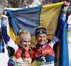 Winner Ebba Andersson of Sweden (R) and third placed Frida Karlsson of Sweden (L) celebrate in finish of the women cross country skiing 30km classic race of FIS Nordic skiing World Championships 2023 in Planica, Slovenia. Women cross country skiing 30km classic race of FIS Nordic skiing World Championships 2023 was held in Planica Nordic Center in Planica, Slovenia, on Saturday, 4th of March 2023.