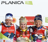Winner Ebba Andersson of Sweden (M), second placed Anne Kjersti Kalvaa of Norway (L) and third placed Frida Karlsson of Sweden (R) celebrate during flower ceremony after the women cross country skiing 30km classic race of FIS Nordic skiing World Championships 2023 in Planica, Slovenia. Women cross country skiing 30km classic race of FIS Nordic skiing World Championships 2023 was held in Planica Nordic Center in Planica, Slovenia, on Saturday, 4th of March 2023.