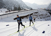 Iivo Niskanen of Finland (L) and Perttu Hyvarinen of Finland (R) skiing during warmup before start of the men cross country skiing 50km classic race of FIS Nordic skiing World Championships 2023 in Planica, Slovenia. Men cross country skiing 50km classic race of FIS Nordic skiing World Championships 2023 was held in Planica Nordic Center in Planica, Slovenia, on Sunday, 5th of March 2023.