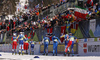 Skiers passing stadium during men cross country skiing 50km classic race of FIS Nordic skiing World Championships 2023 in Planica, Slovenia. Men cross country skiing 50km classic race of FIS Nordic skiing World Championships 2023 was held in Planica Nordic Center in Planica, Slovenia, on Sunday, 5th of March 2023.