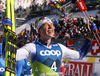 Third placed William Poromaa of Sweden celebrates in finish of the men cross country skiing 50km classic race of FIS Nordic skiing World Championships 2023 in Planica, Slovenia. Men cross country skiing 50km classic race of FIS Nordic skiing World Championships 2023 was held in Planica Nordic Center in Planica, Slovenia, on Sunday, 5th of March 2023.