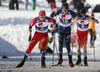 Martin Kirkeberg Moerk of Norway, Mathis Desloges of France and Fabrizio Albasini of Switzerland skiing during U23 men cross country skiing 20km mass start skating race of FIS Junior Nordic skiing World Championships 2024 in Planica, Slovenia. U23 men cross country skiing 20km mass start skating race of FIS Junior Nordic skiing World Championships 2024 was held in Planica Nordic Center in Planica, Slovenia, on Thursday, 8th of February 2024.