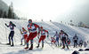 Skiers skiing during U23 men cross country skiing 20km mass start skating race of FIS Junior Nordic skiing World Championships 2024 in Planica, Slovenia. U23 men cross country skiing 20km mass start skating race of FIS Junior Nordic skiing World Championships 2024 was held in Planica Nordic Center in Planica, Slovenia, on Thursday, 8th of February 2024.