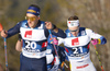 Nicolo Cusini of Italy (L), Maans Skoglund of Sweden  skiing during U23 men cross country skiing 20km mass start skating race of FIS Junior Nordic skiing World Championships 2024 in Planica, Slovenia. U23 men cross country skiing 20km mass start skating race of FIS Junior Nordic skiing World Championships 2024 was held in Planica Nordic Center in Planica, Slovenia, on Thursday, 8th of February 2024.