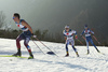 John Steel Hagenbuch of USA (L), Maans Skoglund of Sweden and Niko Anttola of Finland skiing during U23 men cross country skiing 20km mass start skating race of FIS Junior Nordic skiing World Championships 2024 in Planica, Slovenia. U23 men cross country skiing 20km mass start skating race of FIS Junior Nordic skiing World Championships 2024 was held in Planica Nordic Center in Planica, Slovenia, on Thursday, 8th of February 2024.