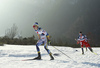 Rikard Vestin of Sweden and Ondrej Pilar of Czech skiing during U23 men cross country skiing 20km mass start skating race of FIS Junior Nordic skiing World Championships 2024 in Planica, Slovenia. U23 men cross country skiing 20km mass start skating race of FIS Junior Nordic skiing World Championships 2024 was held in Planica Nordic Center in Planica, Slovenia, on Thursday, 8th of February 2024.