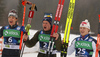 Winner Alvar Myhlback of Sweden (M), second placed Isai Naeff of Switzerland (L) and third placed Mons Melbye of Noray (R) celebrate their medalsl won in junior men cross country skiing 10km classic race of FIS Junior Nordic skiing World Championships 2024 in Planica, Slovenia. Junior men cross country skiing 10km classic race of FIS Junior Nordic skiing World Championships 2024 was held in Planica Nordic Center in Planica, Slovenia, on Friday, 9th of February 2024.