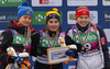 Winner Evelina Crusell of Sweden (M), second placed Gina Del Rio of Andorra (L) and third placed Anniken Sand of Norway (R) celebrate their medal won in junior women cross country skiing 10km classic race of FIS Junior Nordic skiing World Championships 2024 in Planica, Slovenia. Junior women cross country skiing 10km classic race of FIS Junior Nordic skiing World Championships 2024 was held in Planica Nordic Center in Planica, Slovenia, on Friday, 9th of February 2024.