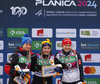 Winner Evelina Crusell of Sweden (M), second placed Gina Del Rio of Andorra (L) and third placed Anniken Sand of Norway (R) celebrate their medal won in junior women cross country skiing 10km classic race of FIS Junior Nordic skiing World Championships 2024 in Planica, Slovenia. Junior women cross country skiing 10km classic race of FIS Junior Nordic skiing World Championships 2024 was held in Planica Nordic Center in Planica, Slovenia, on Friday, 9th of February 2024.