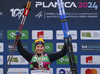 Evelina Crusell of Sweden elebrates her gold medal won in junior women cross country skiing 10km classic race of FIS Junior Nordic skiing World Championships 2024 in Planica, Slovenia. Junior women cross country skiing 10km classic race of FIS Junior Nordic skiing World Championships 2024 was held in Planica Nordic Center in Planica, Slovenia, on Friday, 9th of February 2024.