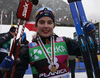 Evelina Crusell of Sweden elebrates her gold medal won in junior women cross country skiing 10km classic race of FIS Junior Nordic skiing World Championships 2024 in Planica, Slovenia. Junior women cross country skiing 10km classic race of FIS Junior Nordic skiing World Championships 2024 was held in Planica Nordic Center in Planica, Slovenia, on Friday, 9th of February 2024.