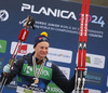 Alvar Myhlback of Sweden elebrates her gold medal won in junior men cross country skiing 10km classic race of FIS Junior Nordic skiing World Championships 2024 in Planica, Slovenia. Junior men cross country skiing 10km classic race of FIS Junior Nordic skiing World Championships 2024 was held in Planica Nordic Center in Planica, Slovenia, on Friday, 9th of February 2024.