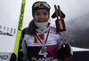 Minja Korhonen of Finland celebrates her gold medal won in the women junior nordic combined race of FIS Junior Nordic skiing World Championships 2024 in Planica, Slovenia. Women junior nordic combined race of FIS Junior Nordic skiing World Championships 2024 was held in Planica Nordic Center in Planica, Slovenia, on Friday, 9th of February 2024.