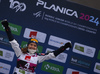 Minja Korhonen of Finland celebrates her gold medal won in the women junior nordic combined race of FIS Junior Nordic skiing World Championships 2024 in Planica, Slovenia. Women junior nordic combined race of FIS Junior Nordic skiing World Championships 2024 was held in Planica Nordic Center in Planica, Slovenia, on Friday, 9th of February 2024.