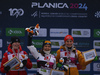 Winner Minja Korhonen of Finland (M), second placed Alexa Brabec of USA (L)and third placed Ronja Loh of Germany (R) celebrate their medals won in the women junior nordic combined race of FIS Junior Nordic skiing World Championships 2024 in Planica, Slovenia. Women junior nordic combined race of FIS Junior Nordic skiing World Championships 2024 was held in Planica Nordic Center in Planica, Slovenia, on Friday, 9th of February 2024.