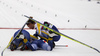 Maerta Rosenberg of Sweden surrounded by her teammates Lisa Ingesson of Sweden and Elin Henriksson of Sweden after crossing finish line of the U23 women cross country skiing 10km classic race of FIS Junior Nordic skiing World Championships 2024 in Planica, Slovenia. U23 women cross country skiing 10km classic race of FIS Junior Nordic skiing World Championships 2024 was held in Planica Nordic Center in Planica, Slovenia, on Saturday, 10th of February 2024.