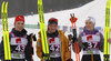 Winner Helen Hoffmann of Germany (M), second placed Nadja Kaelin of Switzerland (L) and third placed Maerta Rosenberg of Sweden celebrate in finish of the U23 women cross country skiing 10km classic race of FIS Junior Nordic skiing World Championships 2024 in Planica, Slovenia. U23 women cross country skiing 10km classic race of FIS Junior Nordic skiing World Championships 2024 was held in Planica Nordic Center in Planica, Slovenia, on Saturday, 10th of February 2024.