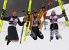 Winner Helen Hoffmann of Germany (M), second placed Nadja Kaelin of Switzerland (L) and third placed Maerta Rosenberg of Sweden celebrate in finish of the U23 women cross country skiing 10km classic race of FIS Junior Nordic skiing World Championships 2024 in Planica, Slovenia. U23 women cross country skiing 10km classic race of FIS Junior Nordic skiing World Championships 2024 was held in Planica Nordic Center in Planica, Slovenia, on Saturday, 10th of February 2024.